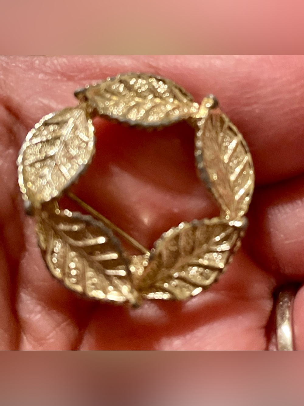 2 brooches: Gerry’s Gold Leaf Wreath and Unmarked Painted Brooch